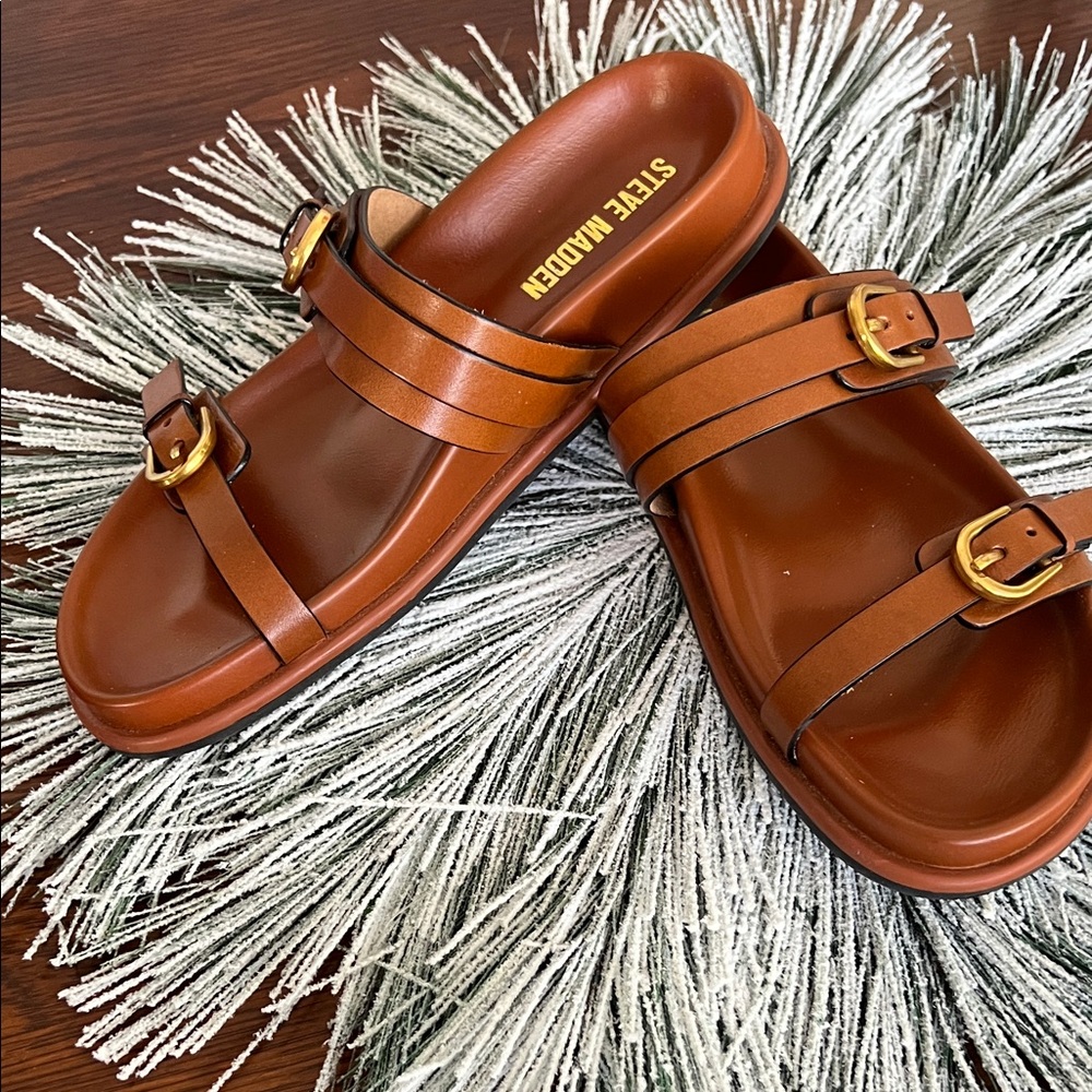 Steve Madden Tan Double Buckle Slides - Picture 5 of 6